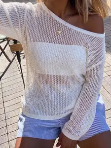 Elegant Women's Spring Summer Fashion Casual Home Holiday Beach Vacation Basic Simple Fitted Solid Color Knit Hollow Out Sequin Round Neck Long Sleeve Pullover