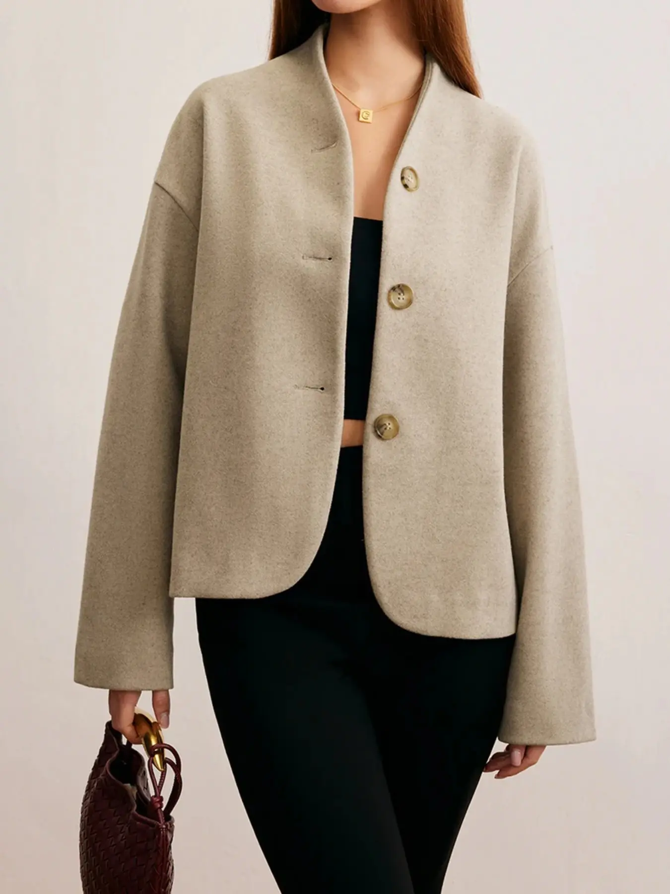 Women's New Chinese Stand Collar Cropped Wool Coat, Drop Shoulder Loose Single Breasted Petite Commuter Jacket