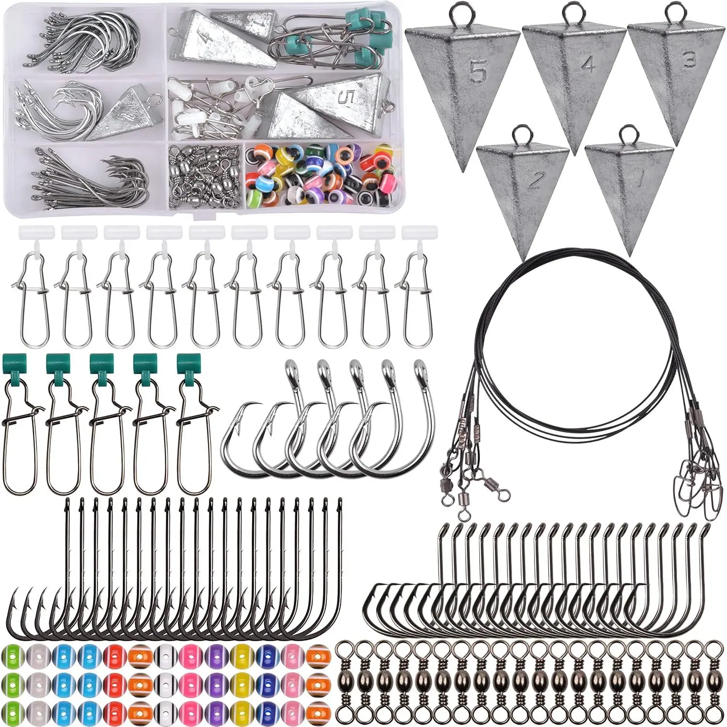 Surf Fishing Tackle Kit, 130 count Saltwater Surf Fishing Rigs Fish Finder  Live  Rigs Include Fishing Leaders Pyramid Sinker Weight Sinker Slider Fishing Hooks Swivels Surf Fishing Accessories