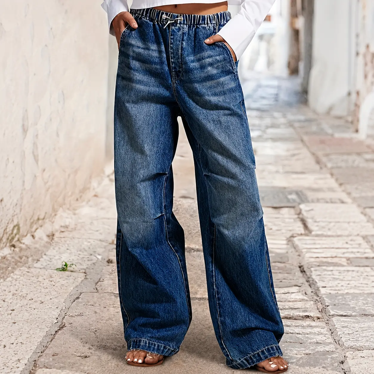 Women's 2025 New Wide-Leg Pleated Jeans Pants - Mid-Rise Straight-Leg with Drawstring Waist, Loose Fit Length Retro Streetwear Trousers for Casual All-Season Wear (Solid Color)