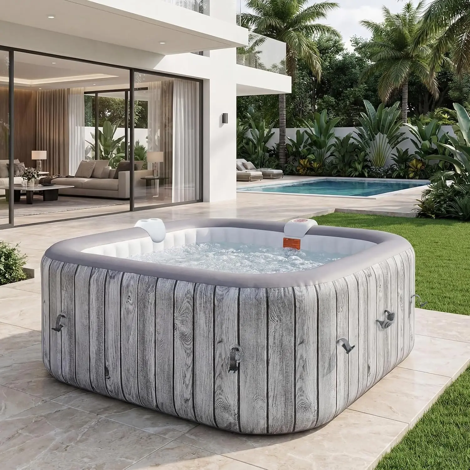 Aoxun 73" Inflatable Hot Tub for 4-6 People, Square Portable Outdoor Spa with 130 Soothing Air Jets, Heater Pump, Insulated Cover, Filter System, Leak-Proof PVC Design, Gray Backyard Hot Tubs, Inflatable Hot Tubs