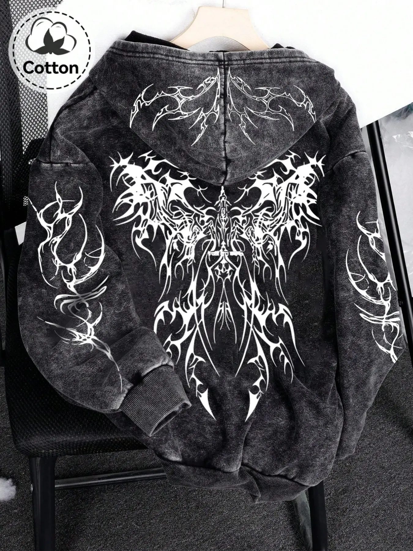 New Men's Zipper Open Front Sweatshirt, Gothic Pattern Print Hooded Sweatshirt, Casual Loose-Fit Cotton Top for Spring and Fall, Relaxed Fit Sweatshirt