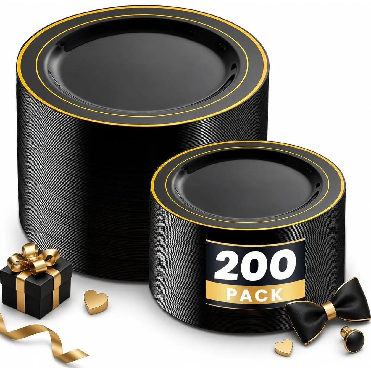 200 count Black and  Plastic Plates - Black Plates Disposable for Party - Heavy Duty Plastic Plate for Wedding/Party/Birthday/Graduation/Father’s Day