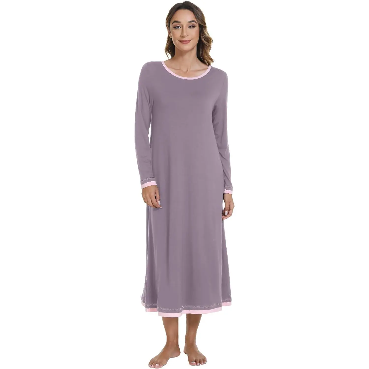 WiWi Long Sleeve Bamboo Viscose Nightgowns for Women, Soft Cooling Sleep Night Dress Shirts for Women Sleepwear S-XXL