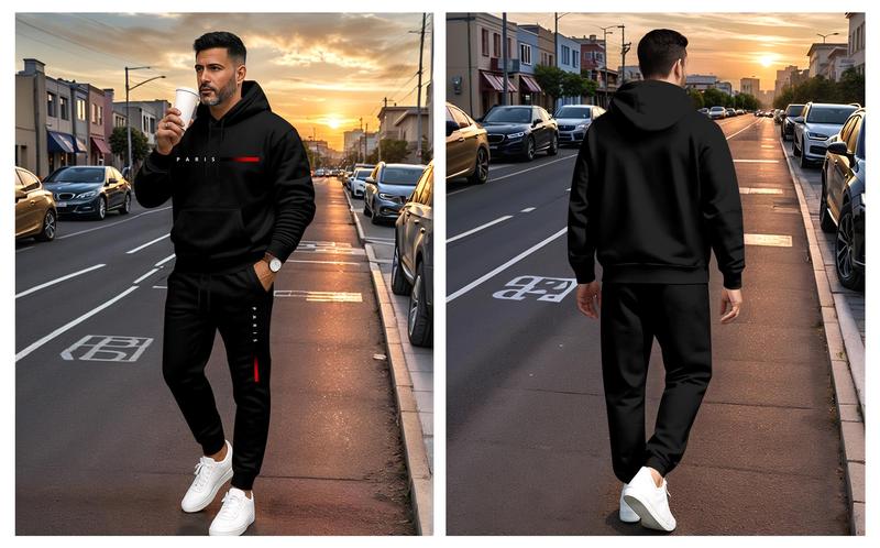 Men's Paris Letter Printed Hoodie & Drawstring Sweatpants Set - 100% Polyester, Loose Fit, Casual Athletic Style, Machine Washable, Ideal for Autumn Spring Winter