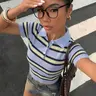 Women's Preppy Striped Knit Polo Shirt, Slim-Fit Short-Sleeve with Contrast Collar, Soft Lightweight Summer Top, Striped Polo Shirts