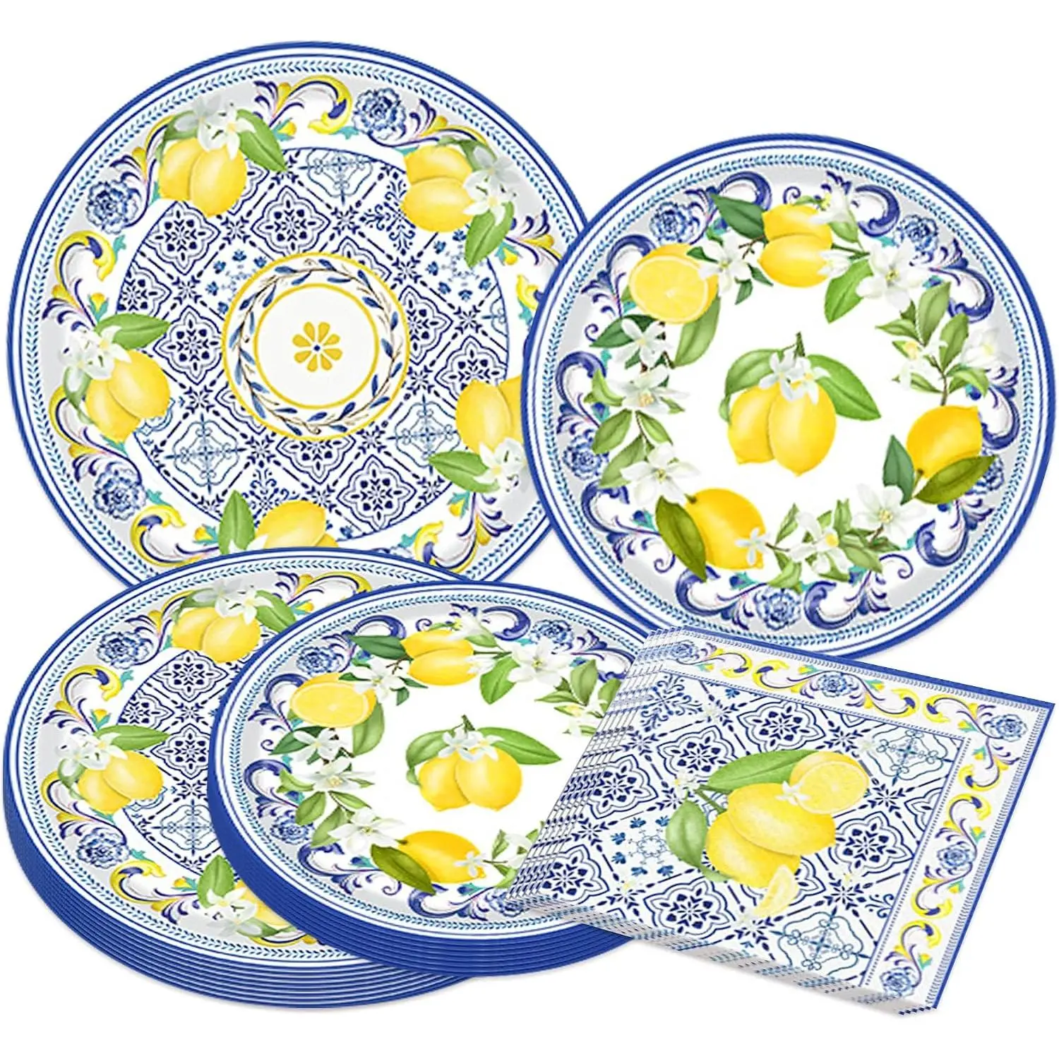 Italian Blue Tile Plates and Napkins Set Capri Lemon Party Decorations Blue and Yellow Lemonade Plates Tableware Decor Lemon Birthday Party Supplies