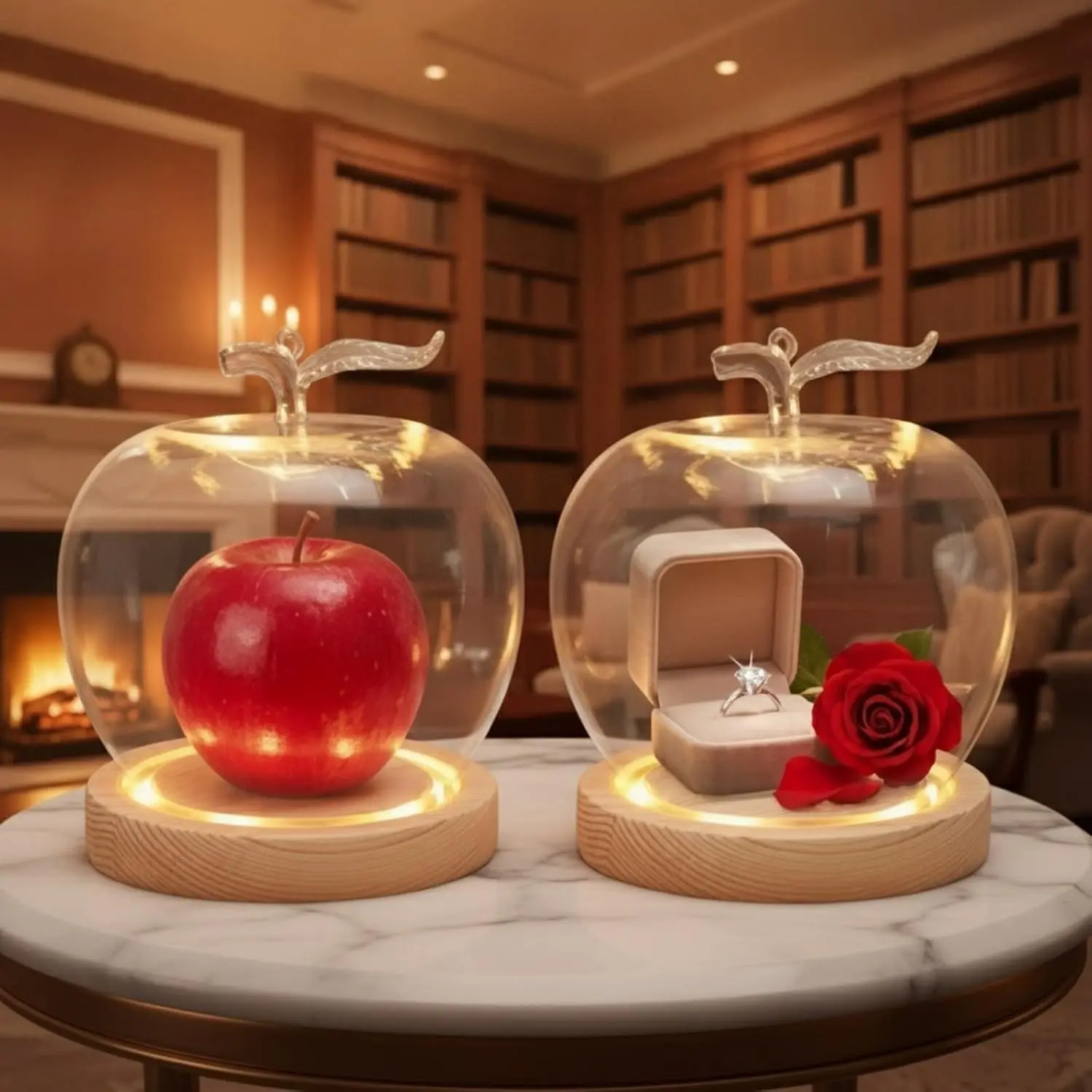 2 Pcs Glass Apple Dome with Wood Base for Rosh Hashana Decor Gift,Natural Glass Apple Display Case with Light Transparent Apple Display Cover for Preserved Flowers Rings Keepsakes Rosh Hashana Gift