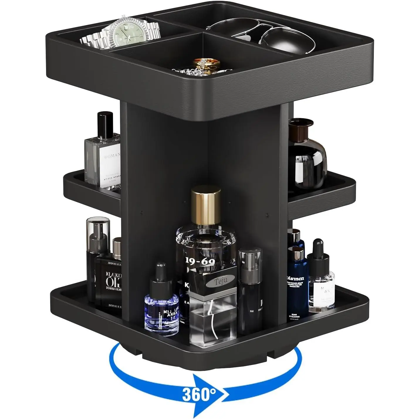 3-Tier Rotating Cologne Organizer for Men, Large-Capacity Wooden Perfume Display Stand for Desk & Nightstand, Rounded Corner Design, Birthday  for Men (Black)
