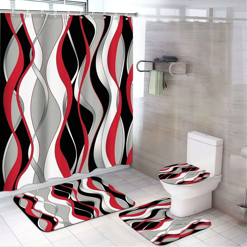 4pcs Holiday Wave Stripe Shower Curtain Set with Matching Thick Bath Mats, Red Black White Curvy Swirl Bathroom Decor Set for Christmas & New Year