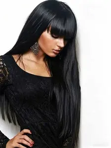 Long Straight Remy Hair Wigs Natural Black Heat Resistant Fiber Hair Full Machine Wig with Bangs Cosplay Party Wig For Fashion Women