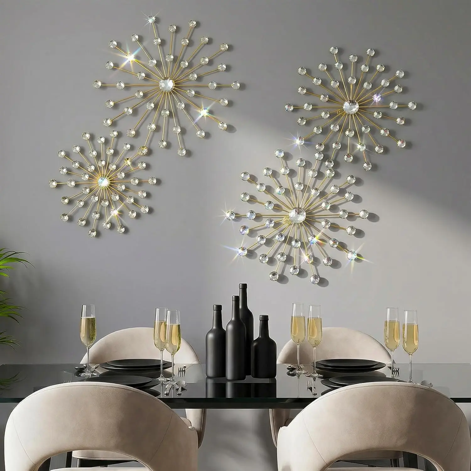 Afcabakila 4 Pcs Starburst Wall Decor Bling Gold Decor For Living Room, Metal Rhinestones Crystal 3D Hanging Diamond Accents Home Decorative Art For Bedroom Entryway Office