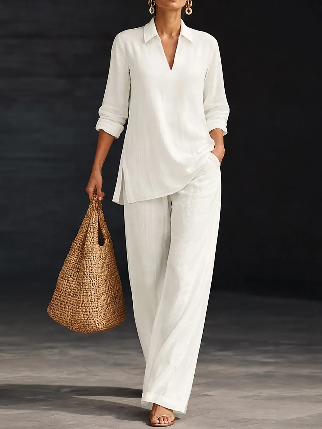 2 Piece Women Lapel Collar Roll Sleeve Shirt Matching Wide Leg Pants Set V Neck Side Split Blouse High Waist Loose Trousers With Side Pockets Casual Vacation Commute Daily Elegant Two Piece Outfit For Ladies Spring Summer Travel Going Out Wear