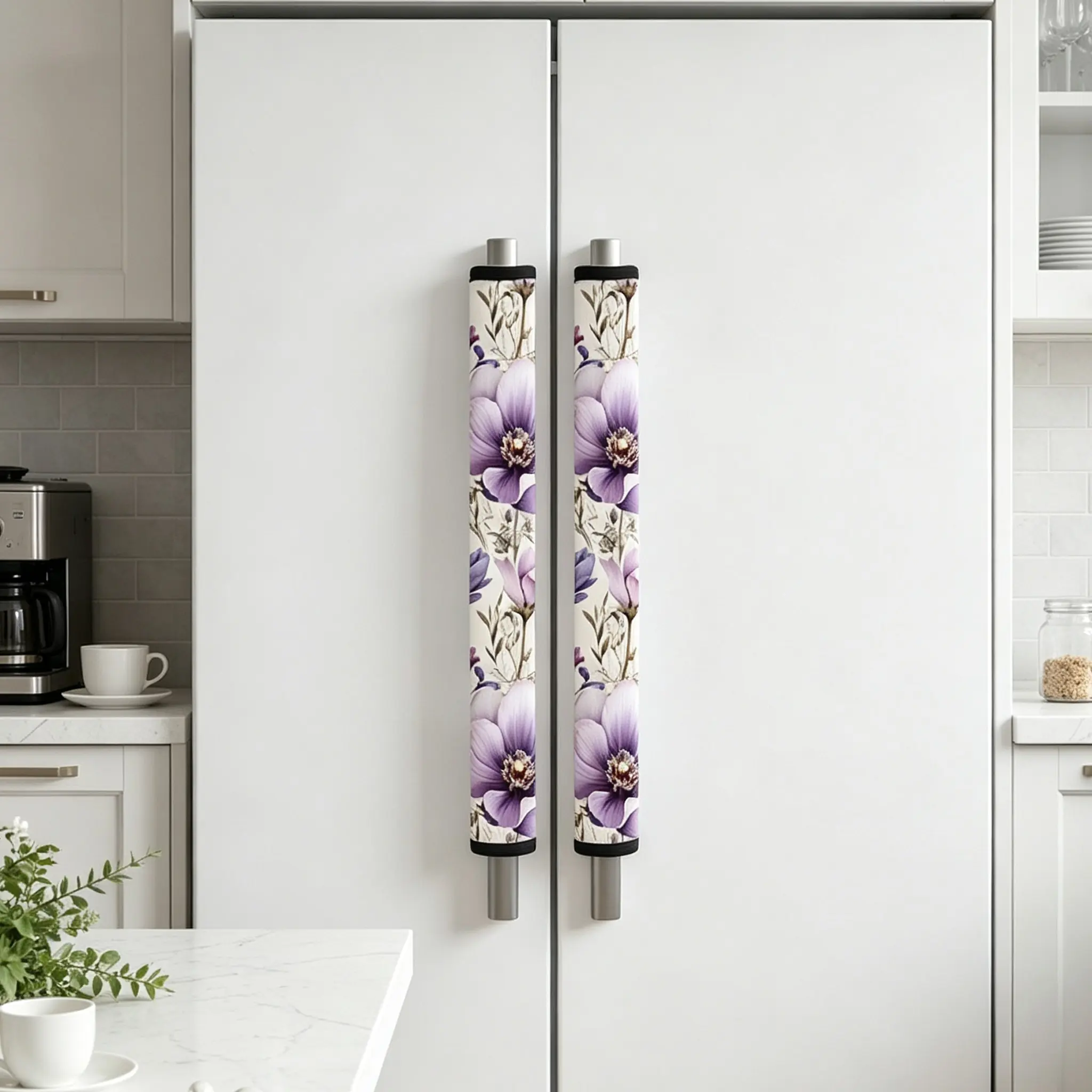 2pcs Floral Microwave & Fridge Handle Covers, Soft & Easy to Clean, Kitchen Decor Set, Fits Refrigerator, Microwave, Oven, Dishwasher, Fitted Washable Cover