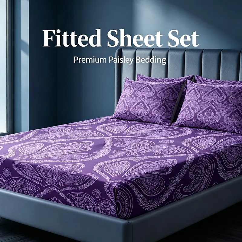 Vintage Paisley Motif Fitted Sheet Set, Polyester Bedding Set, Silky Breathable Mattress Cover, Decorative Bedding Set, Non-Fading Print, Refresh Bedroom & Living Room Decor