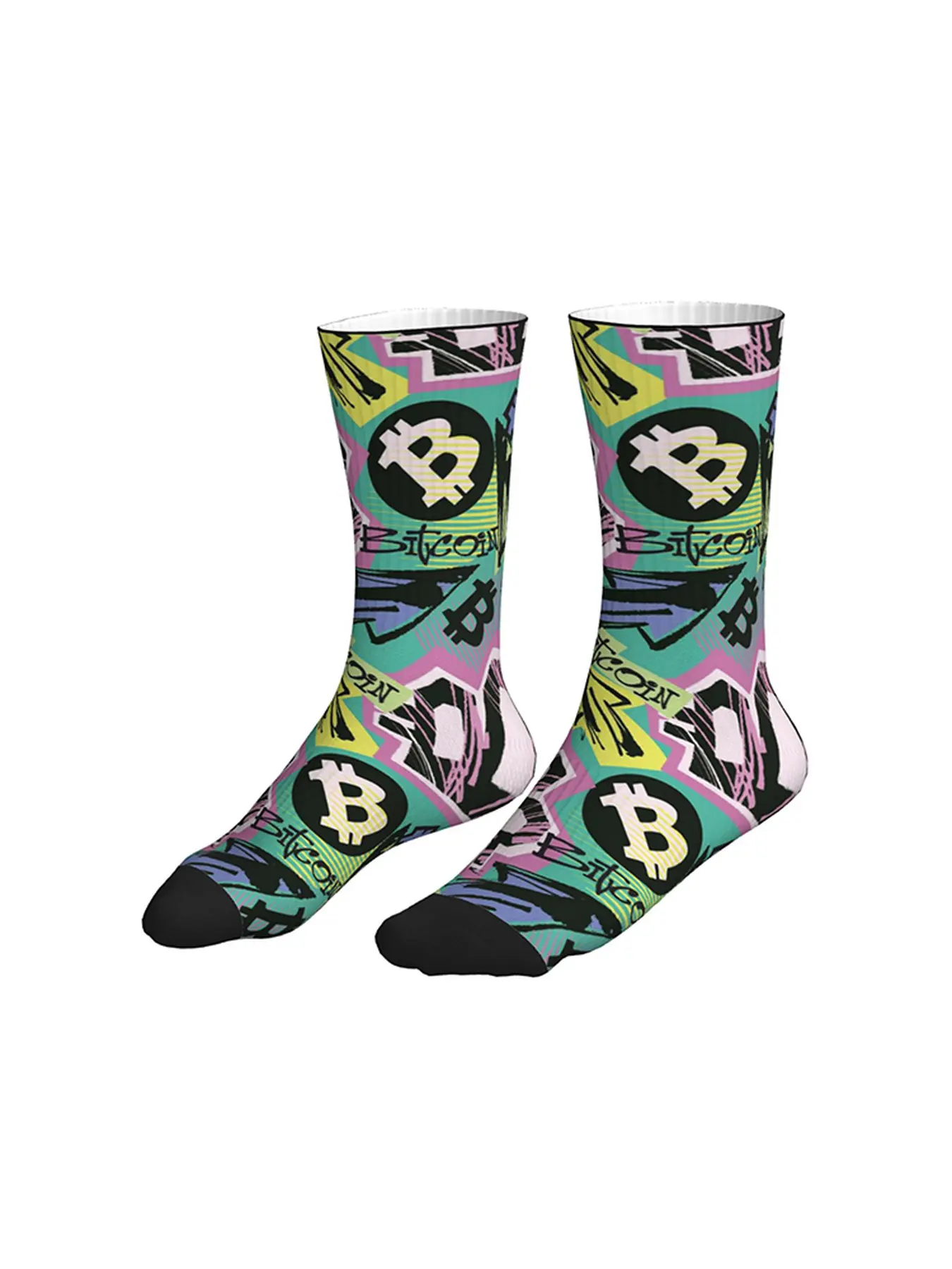 Colorful Graffiti Bitcoin Print Crew Socks, Streetwear Crypto Lover Casual Socks for Men Women