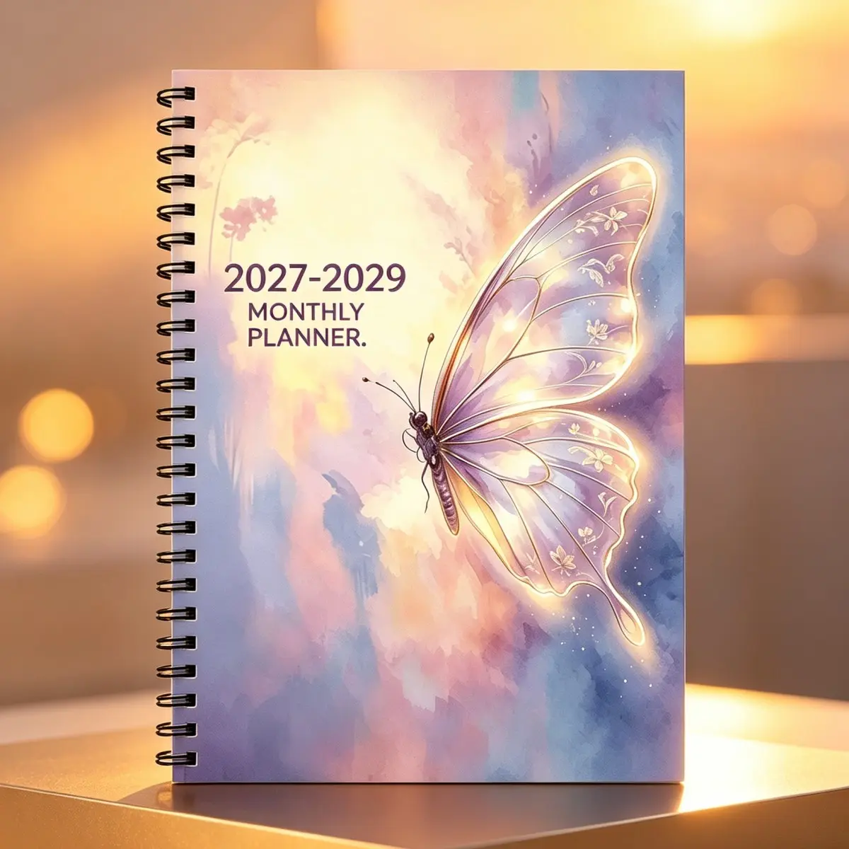 Dreamy Gold Butterfly 3-Year Monthly Planner 2027-2029, Watercolor Gradient A5 Spiral Notebook, Office Learning Planning Journal