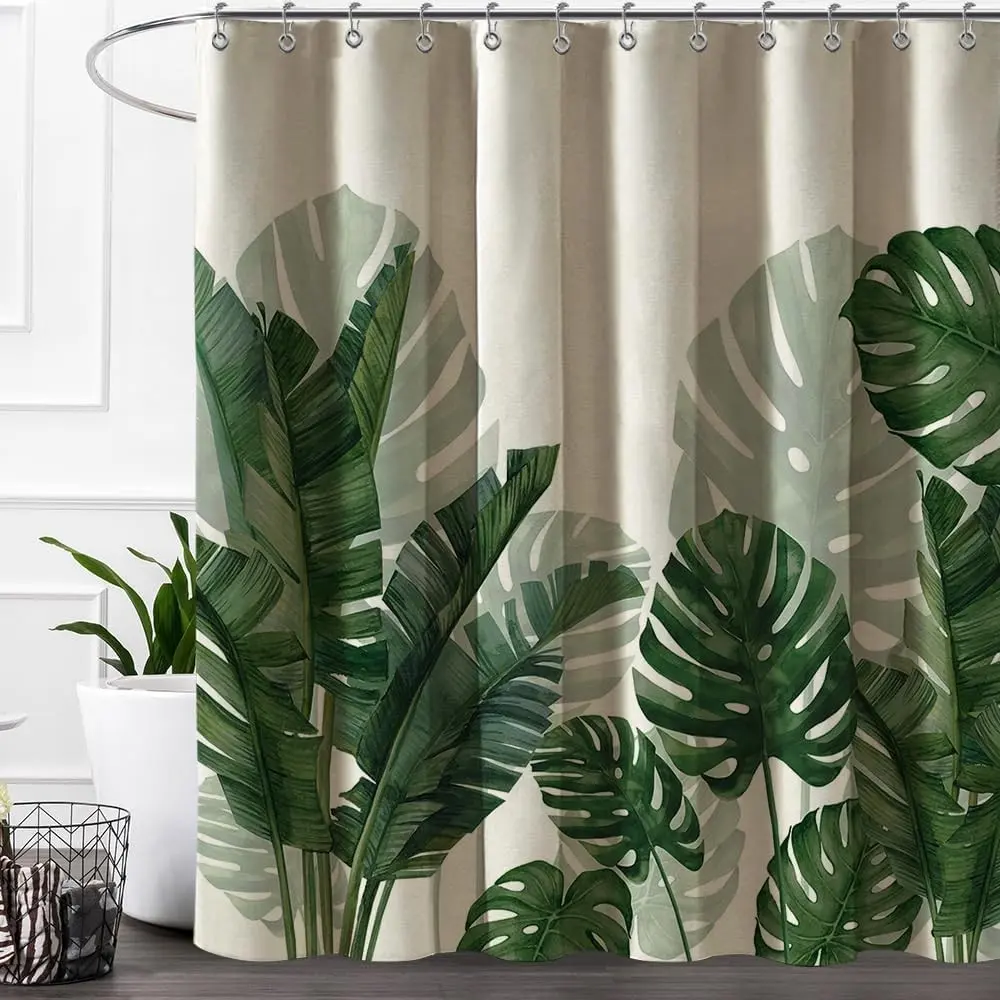 Linen Shower Curtains - Nature Theme Tropical Green Leaf Botanical Leaf Pattern (Banana, Monstera, Palm Tree), Waterproof Heavy-Duty Fabric with Metal Grommets, 72W x 72L Perfect Drapes for Bathtub Decoration