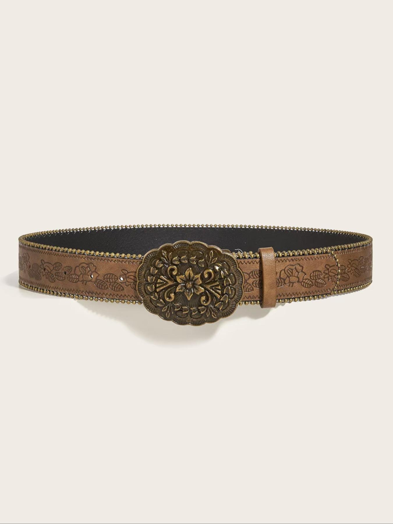 Boho Western Style Vintage Print with Metal Buckle, Pearl Decorative Edges, Perfect for Dresses & Jeans, All Season Wear, Western Belts