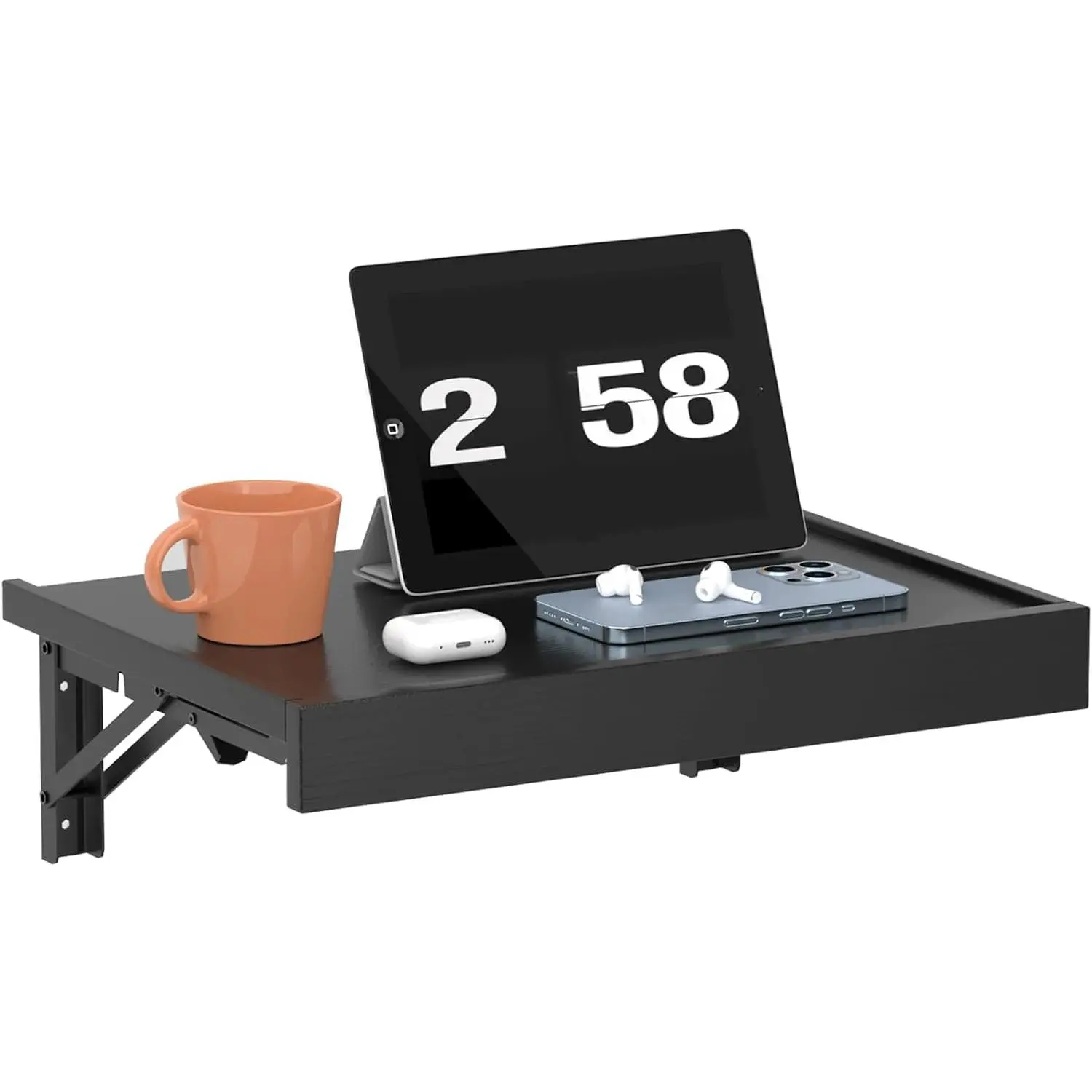 Wall Mounted Folding Bedside Shelf, Black  Floating Nightstand Table with Heavy-Duty Brackets, 16.5''x12'' Space Saving Bed Side Tray Storage for Bedroom, Living Room, Dorm (Black, )