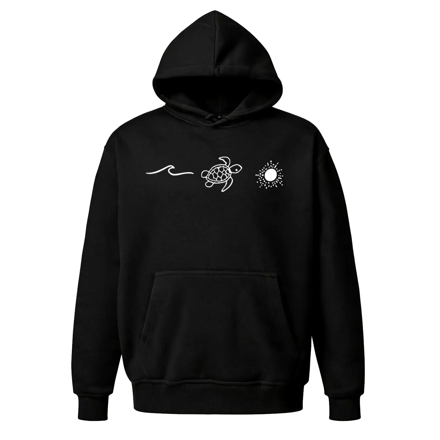 Men's Minimalist Sea Turtle Cotton Blend Pullover Hoodie, Medium Length Ocean Wave & Sun Graphic Print Sweatshirt, Coastal Aesthetic, Machine Washable