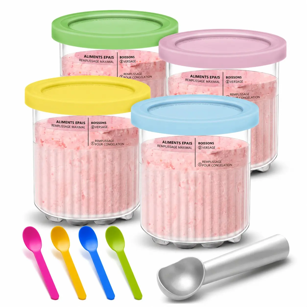 Ninja Creami Pint Ice Cream Cups and Lids Set, 4 Piece 24oz Luxury 11-In-1 Kitchen Container Kit, Compatible with Nc501 Nc500 Series, Spoons, Ice Cream Scoop