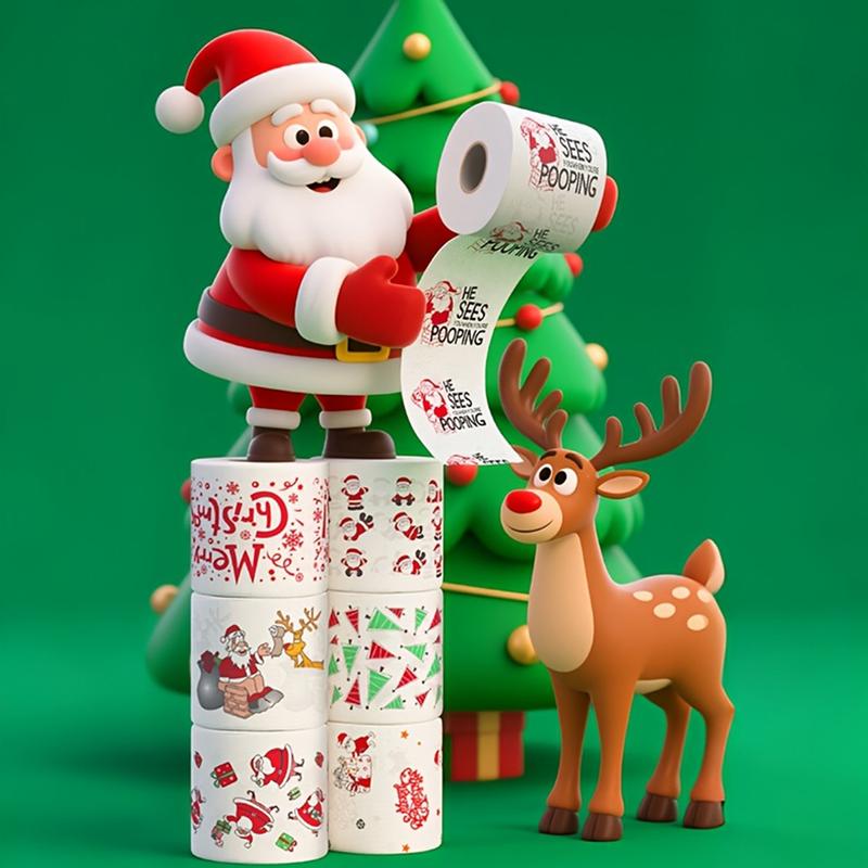 Christmas Holiday Printed Napkins Roll, Cartoon Santa Tree Gift Prints, Festive Kitchen Paper Towels, Christmas Party Supplies