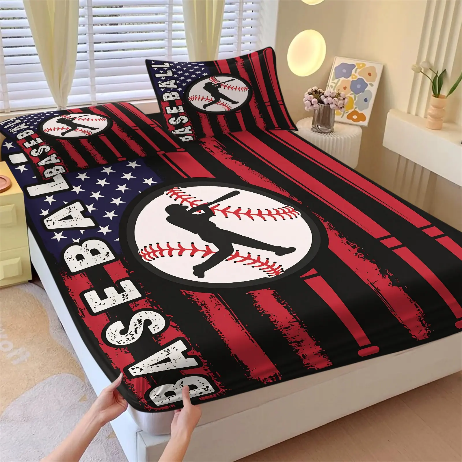 Vintage American Flag Baseball Batter Print Fitted Sheet Set, 1 Fitted Sheet + 2 Pillowcases - 3 Piece Soft Breathable Deep Pocket Bedding, Athletic Sports Style Soft Microfiber Bedding, Gift for Baseball Fans & Sports Enthusiasts