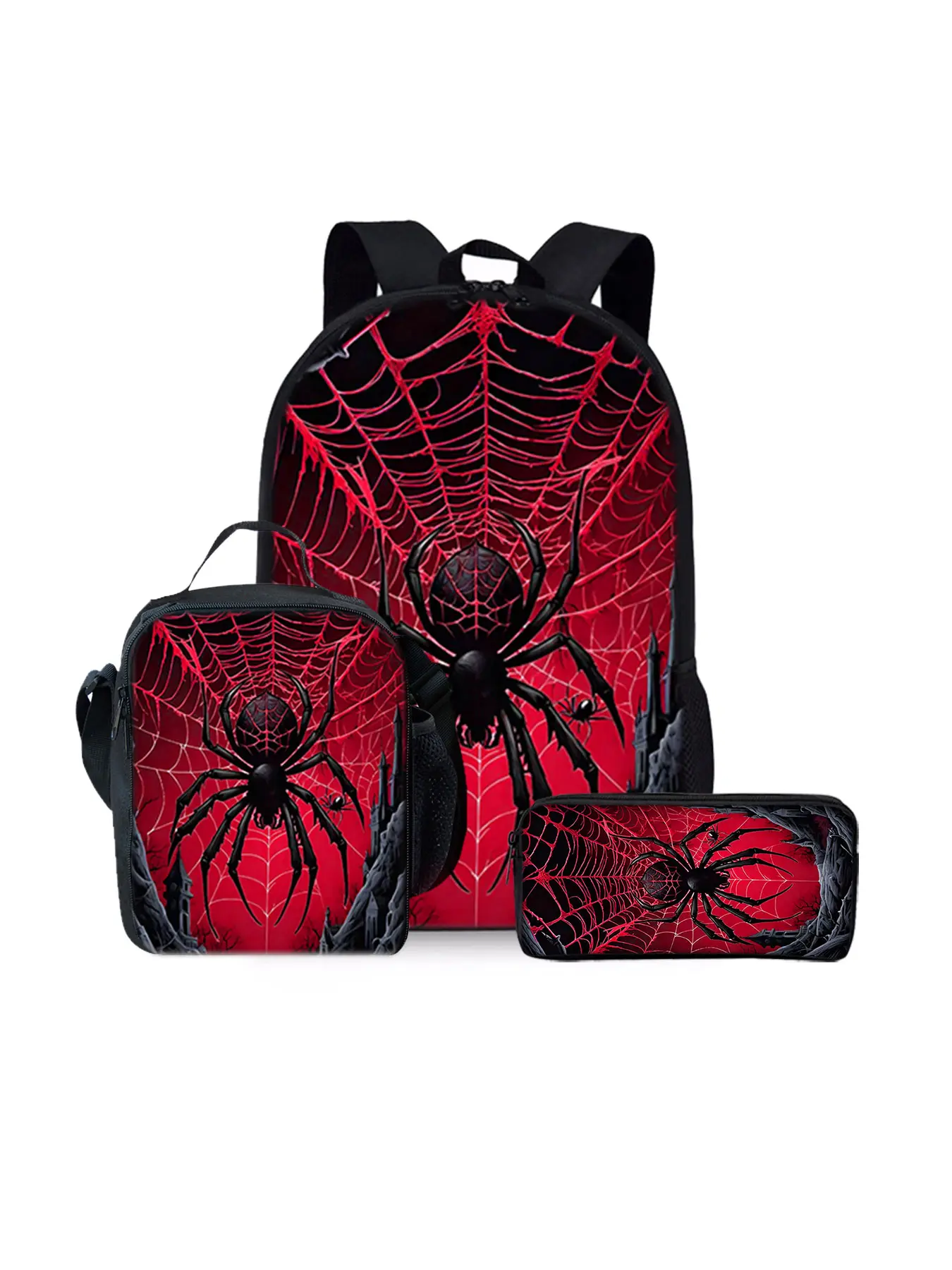 Skull pattern printed 17-inch backpack three-piece set (single-layer backpack + shoulder strap lunch bag + single-layer pencil case)