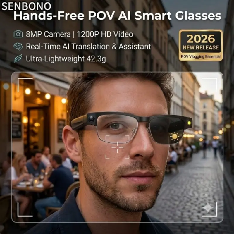 SENBONO AI Smart Glasses with Bluetooth-compatible, Multilingual Translation, Color-Changing Lenses, Photography & Recording, Ideal for Travel & Business