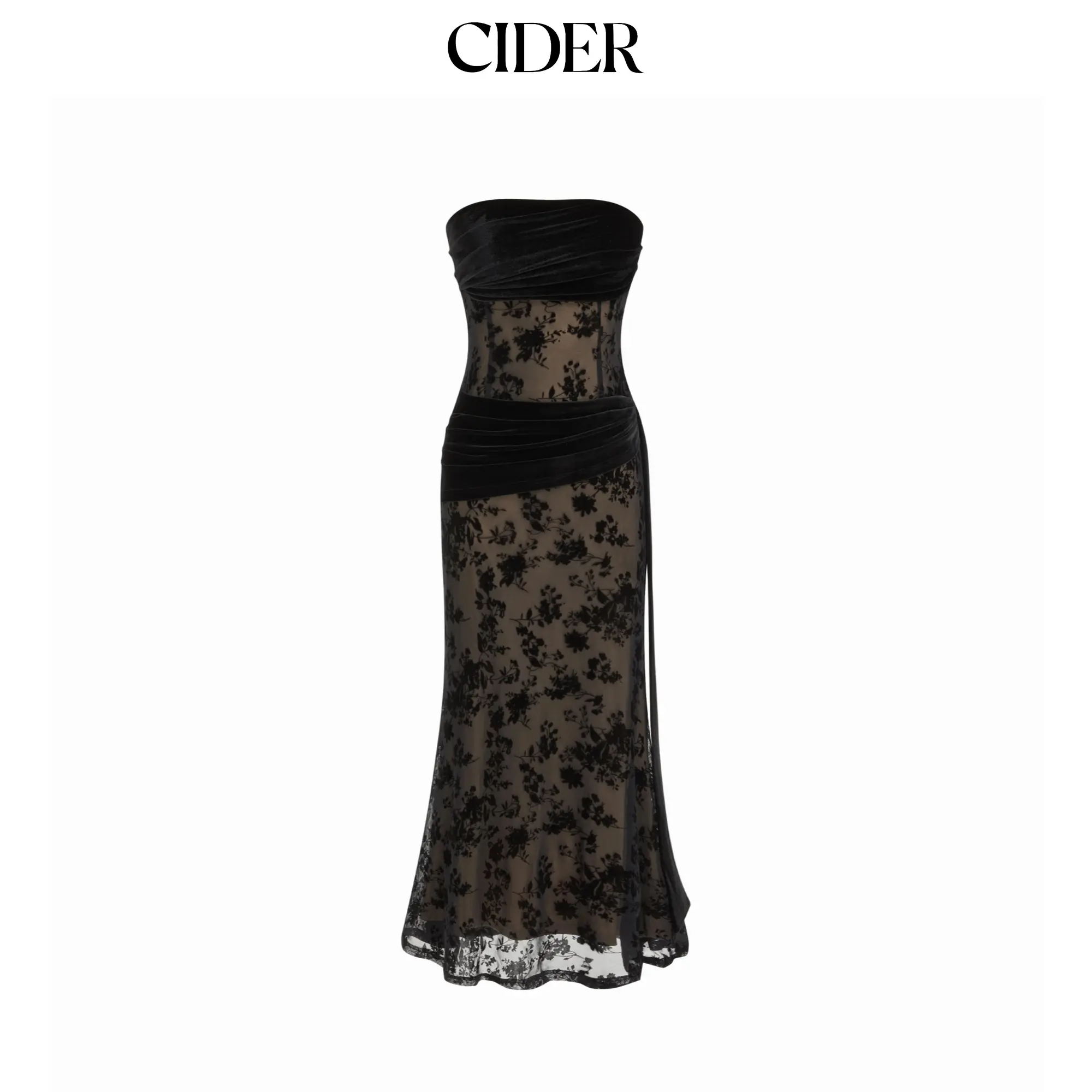 Cider Velvet Lace Floral Ruched Bandeau Maxi Mermaid Dress
