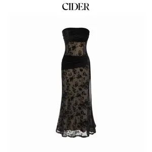Cider Velvet Lace Floral Ruched Bandeau Maxi Mermaid Dress