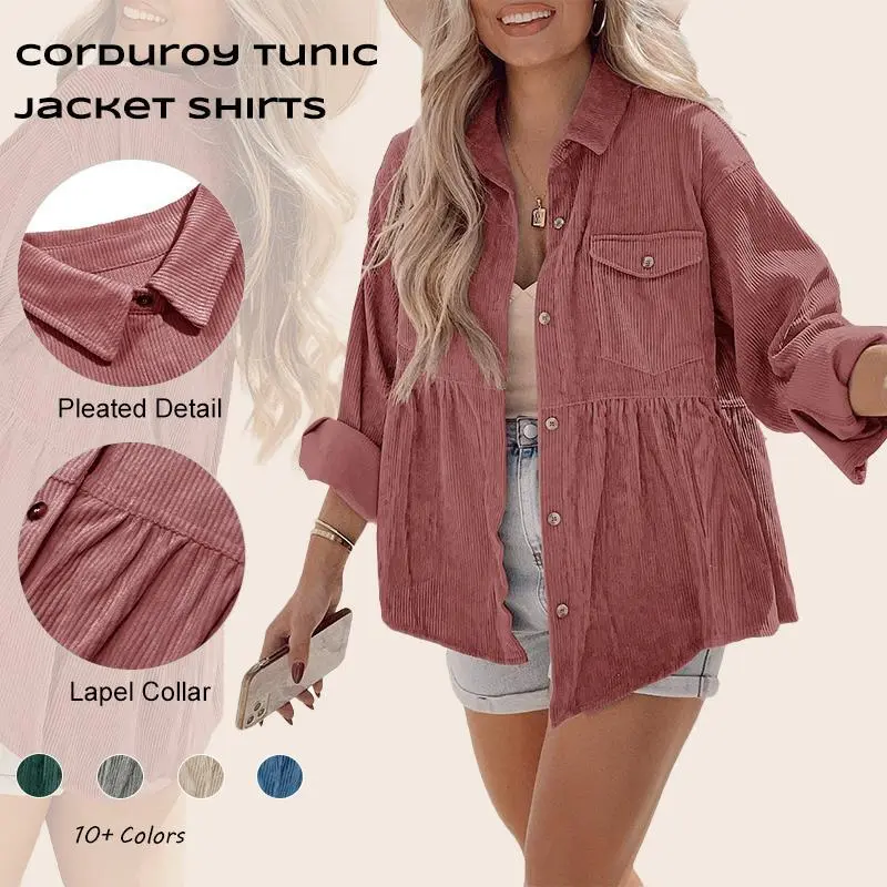 lmily Bela Womens Corduroy Shirts Casual Long Sleeve Button Down Blouses Tunic Babydoll Dress Loose Pocket Jacket Shackets
