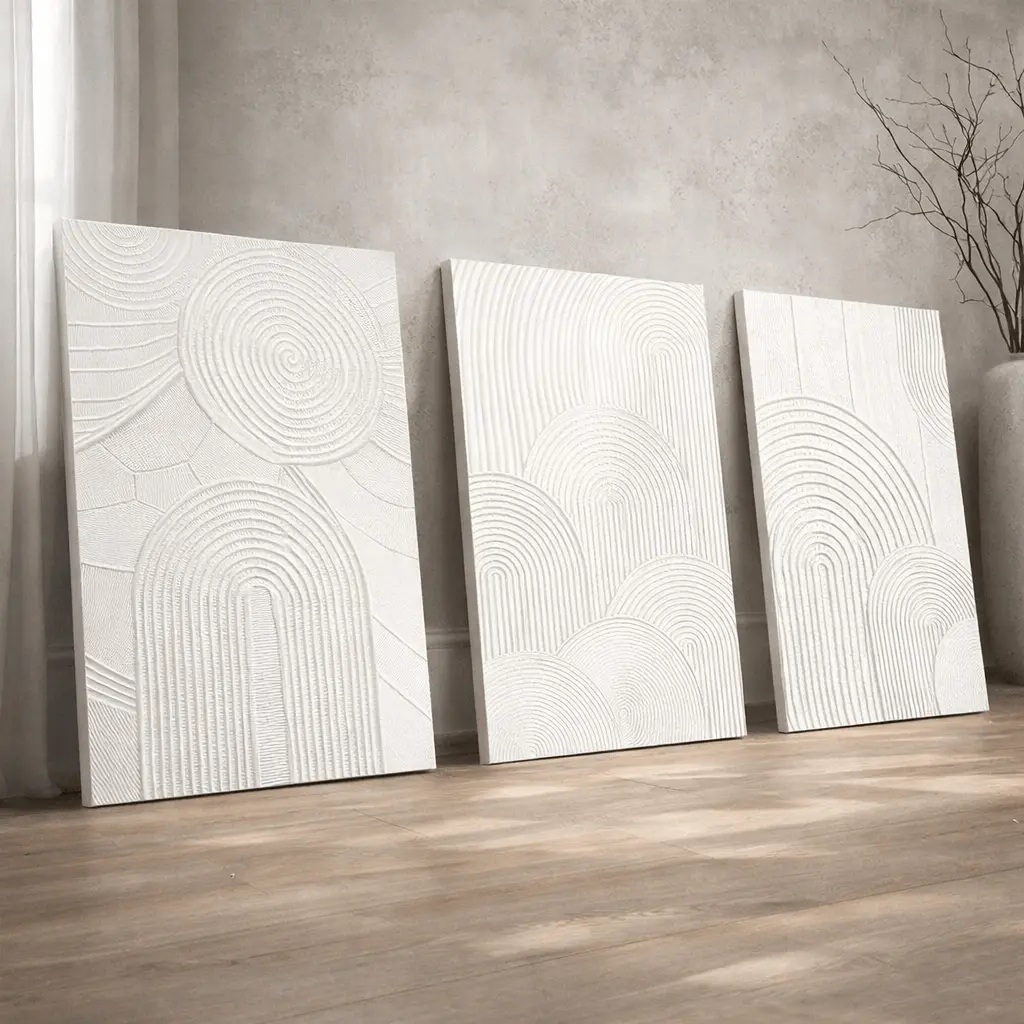3-Piece Neutral Beige White Vertical Line Texture Wrapped Canvas Wall Art Set - Modern Minimalist Abstract Print, Ready To Hang, Plaid & Houndstooth Accent, Living Room, Bedroom Decor, Housewarming Holiday Gift