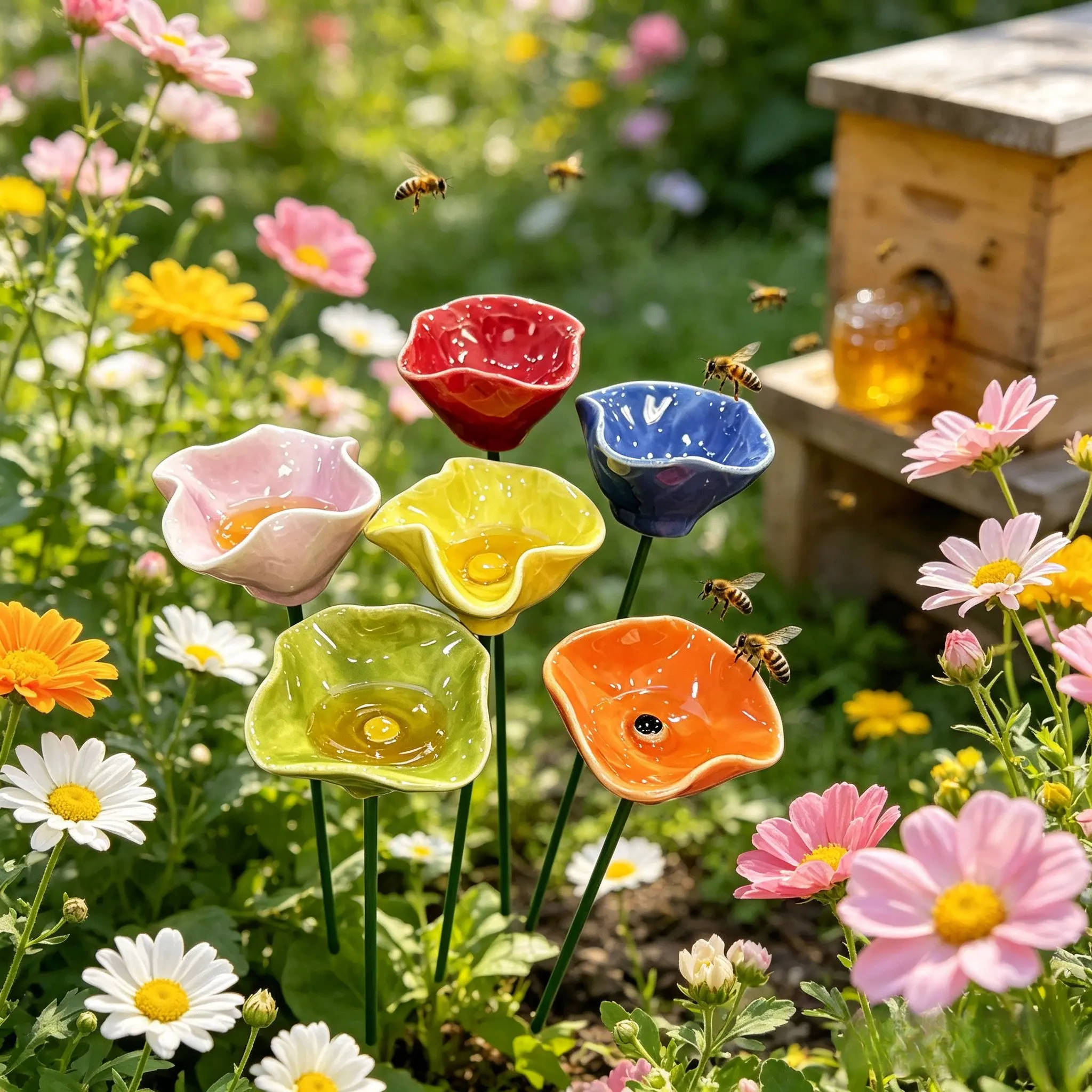 4-Piece/6-Piece Floral Bee Waterer Set, Ceramic Material, Easy Installation, Bird, Bee, Butterfly Water Station, Outdoor Garden Decor