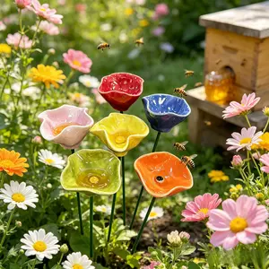4-Piece/6-Piece Floral Bee Waterer Set, Ceramic Material, Easy Installation, Bird, Bee, Butterfly Water Station, Outdoor Garden Decor