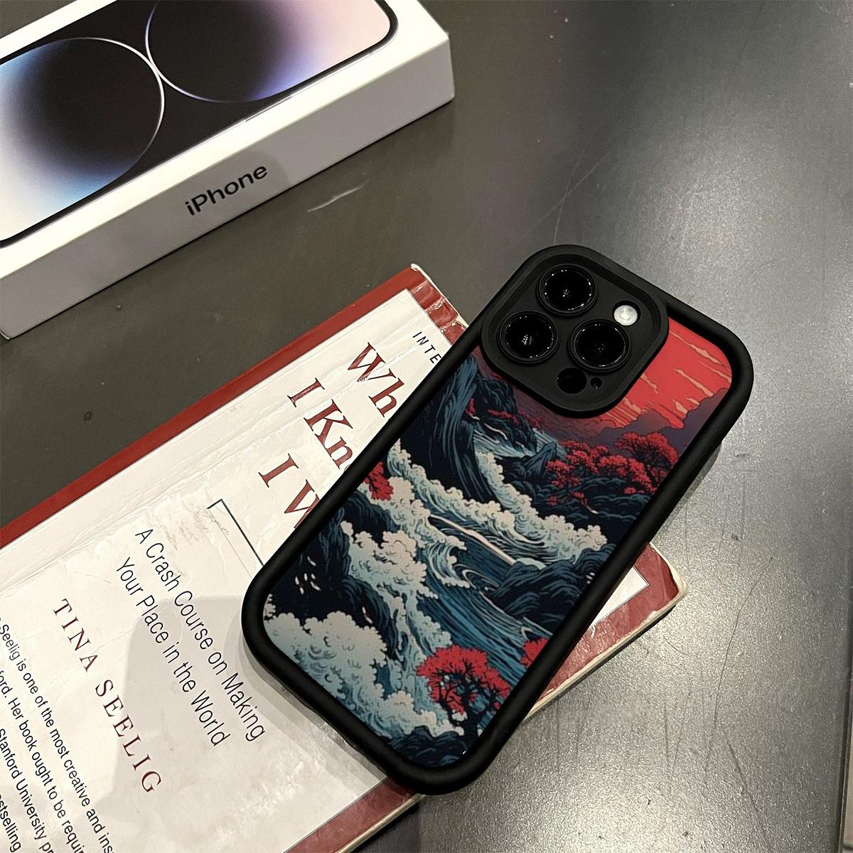 A Soft Matte Shock-Resistant Cover Featuring a Japanese Wave Pattern, Designed for iPhone 17 E Air Pro ProMax iPhone16 15 14 Plus 13 12 Mini 11 X XS XR, Crafted from Flexible TPU Material with