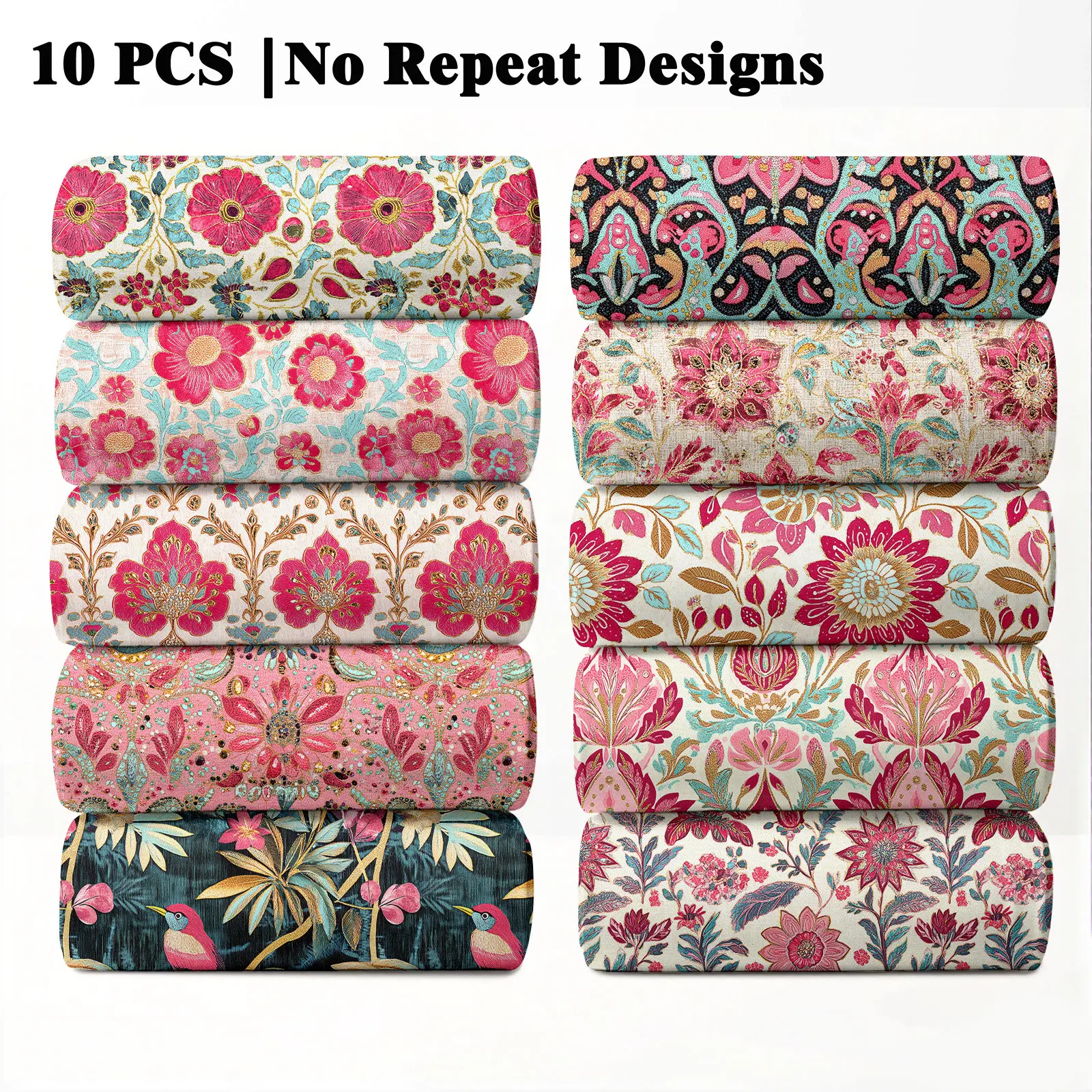 10PCS Grand Bloom Floral Print Decorative Fabric, 23x55cm (9x22in) Large Floral Pattern Quilting Home Decor DIY