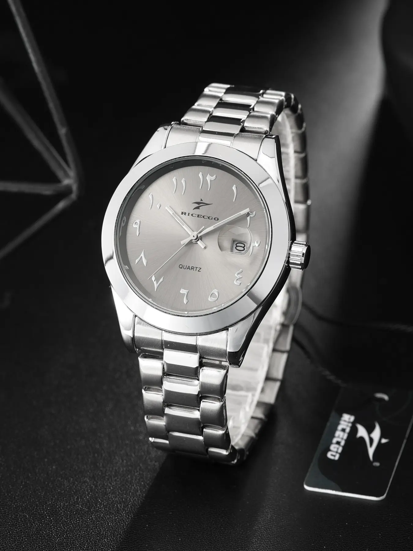 RICECGO men's fashionable casual silver quartz watch, Arabic numeral dial, daily wear, decoration, holiday gift
