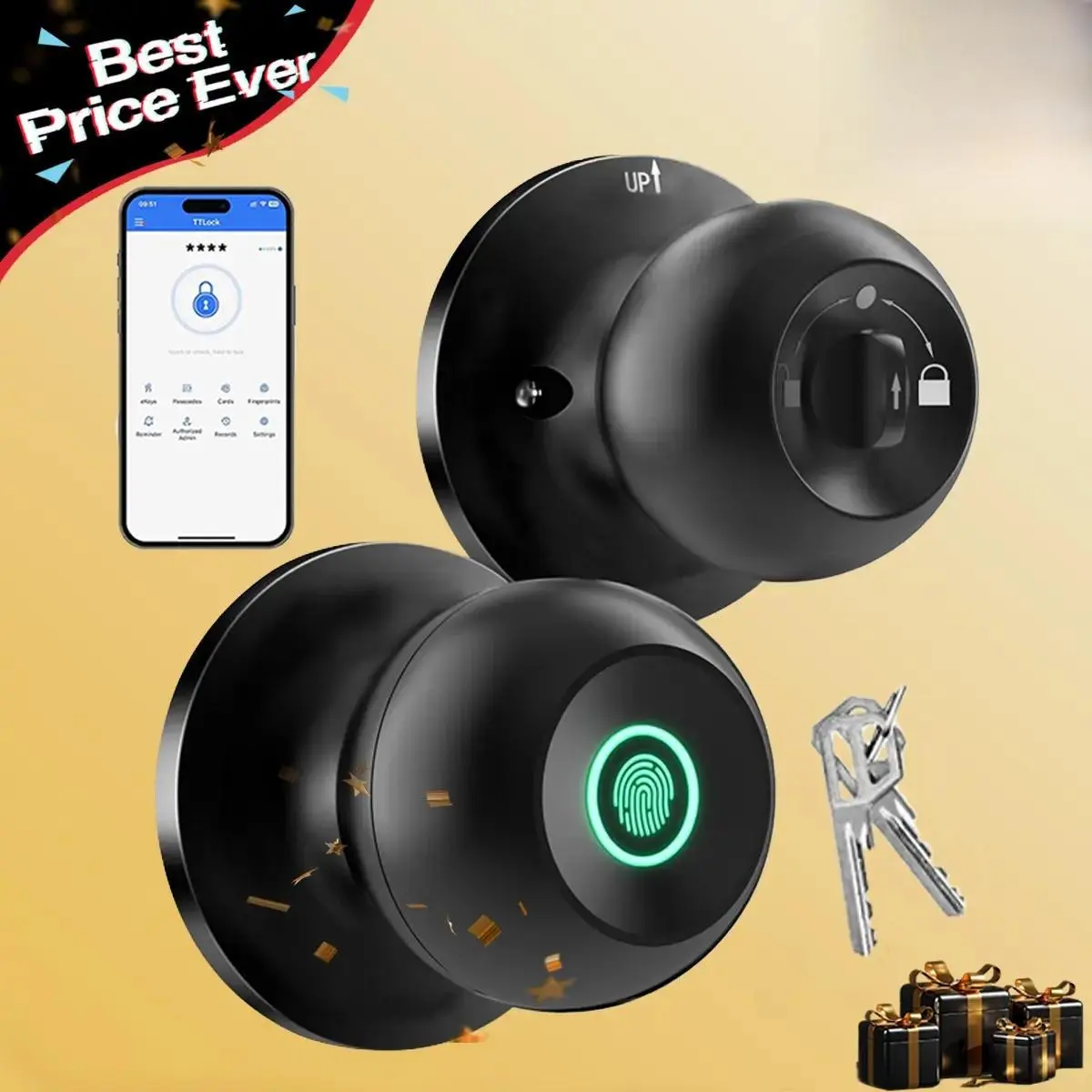 Smart Fingerprint Door Lock 3-in-1 with TT App Control & 5S Auto-Lock Rechargeable Battery for Rooms Offices Apartments Warehouses Garages Black Friday Gift FathersDayGift