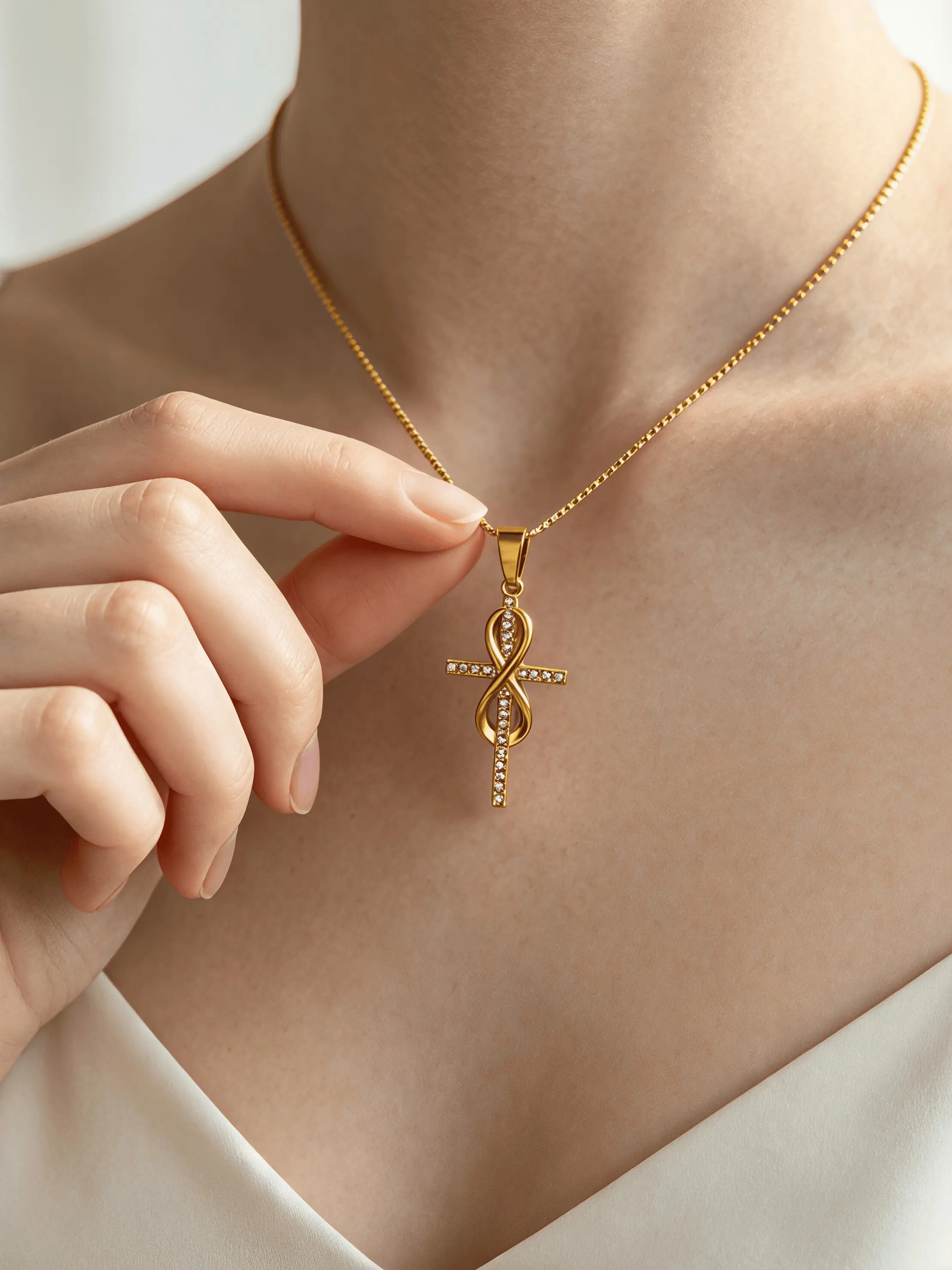 Infinity Cross Pendant Necklace, Stainless Steel Rhinestone Jewelry, Casual All-Season Women's Necklace, Perfect Daily Wear