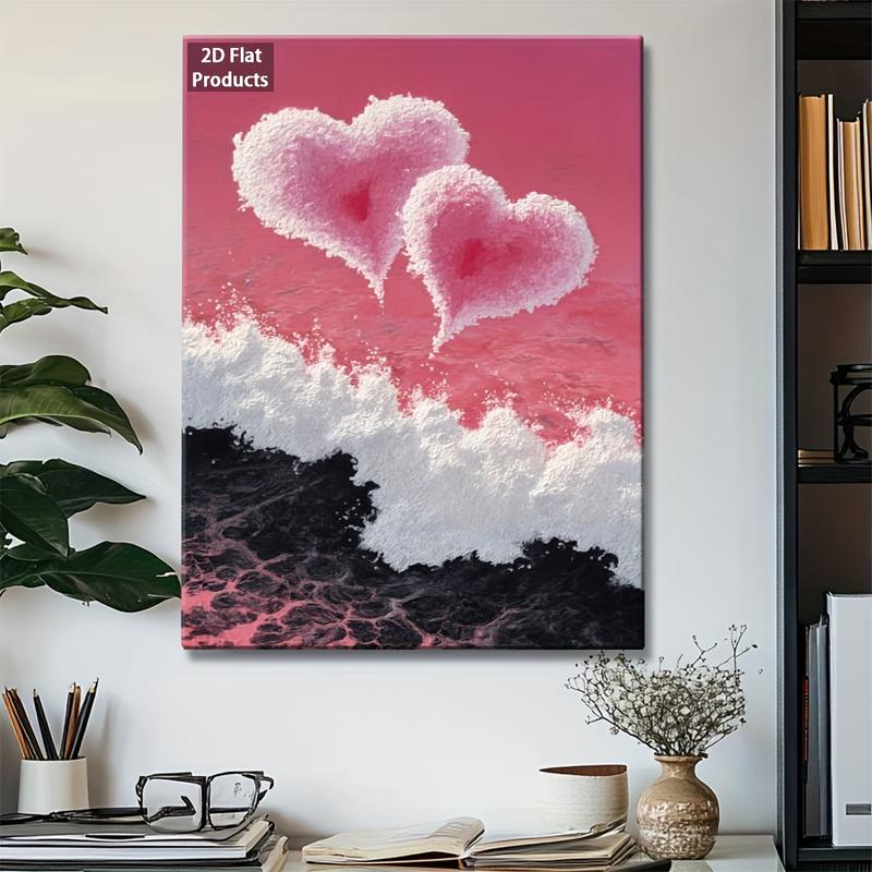 2D Flat, Valentine'S Day Heart Wall Art - Pink & Black Abstract Love Painting on Wrapped Canvas with Wood Frame, Retro Modern Minimalist Decor for Living Room, Bedroom, Bathroom