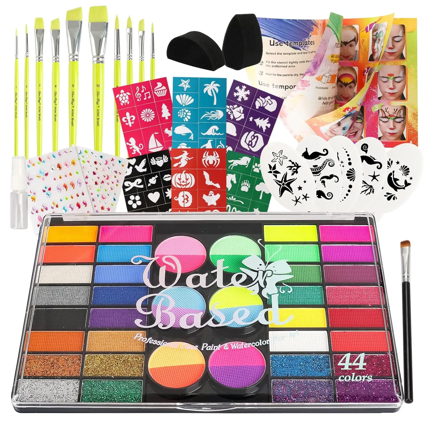 Pintada 44 Color Face Painting Kit for Party - Non Toxic Water Activated Face Paint Palette with Stencils, Brushes, Gems & Glitter.Halloween, Carnival; Costume Makeup for Creative Activities
