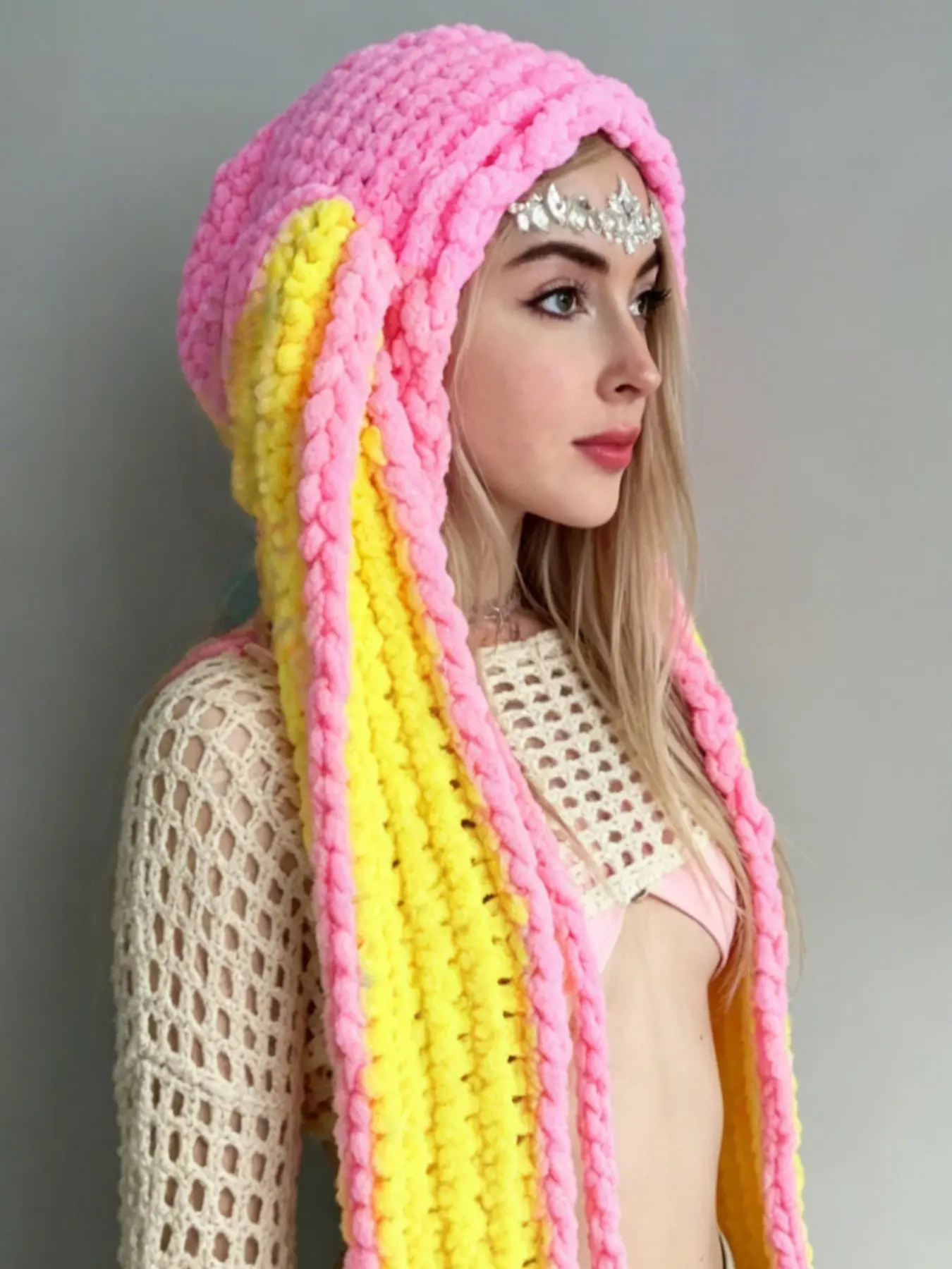 Rainbow Large Rabbit Ears Hat, Handmade Knitted Cozy Warm Hat for Women, Cute Yarn Cap for Autumn Winter, Daily Wear Accessories