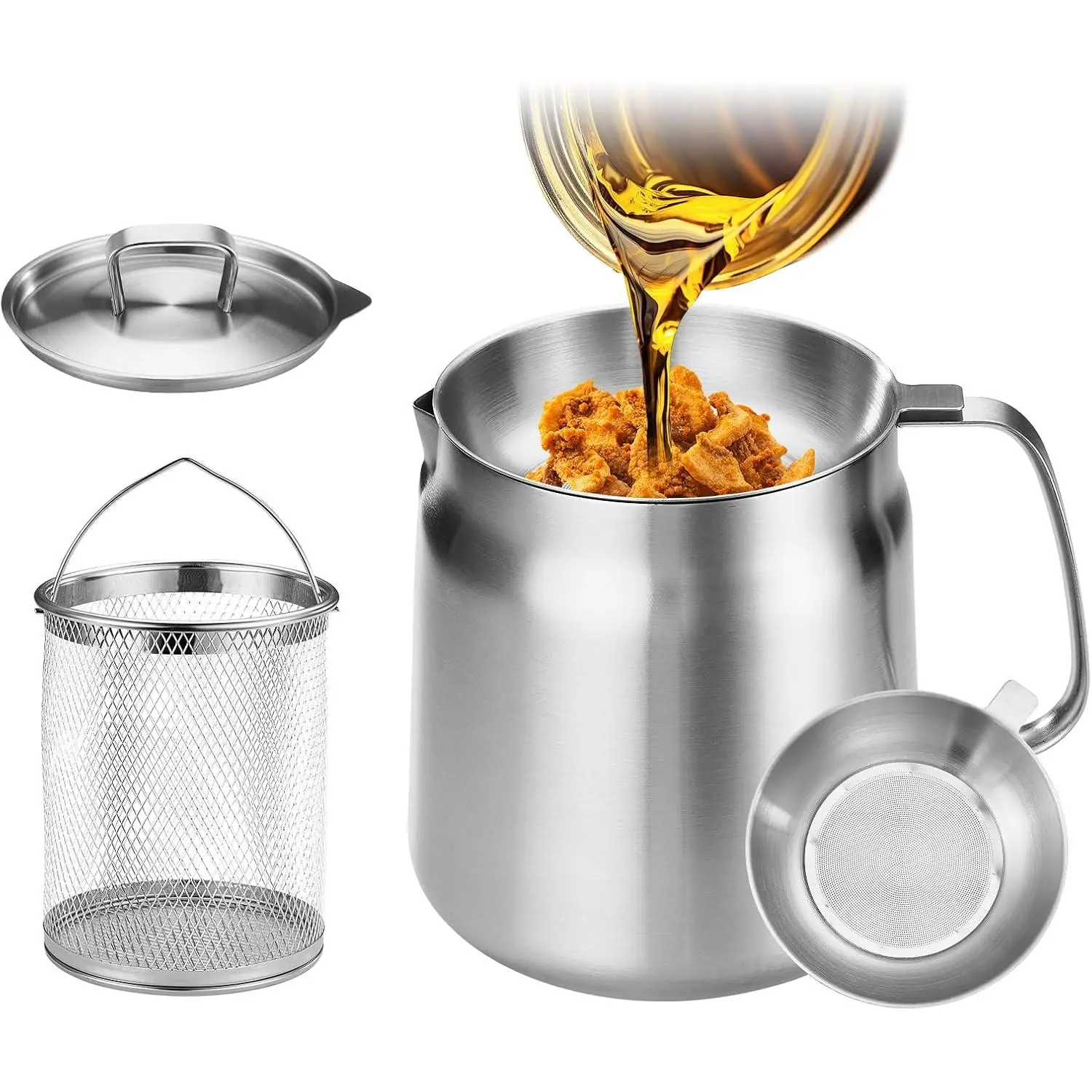 119oz 304 Stainless Steel Deep Fryer Pot with Basket & Strainer, Large Capacity Bacon Grease Container for Kitchen,Frying, Cooking, Camping,Oil Filter Container - Dishwasher Safe (119oz/3.5L/3.7Qt)