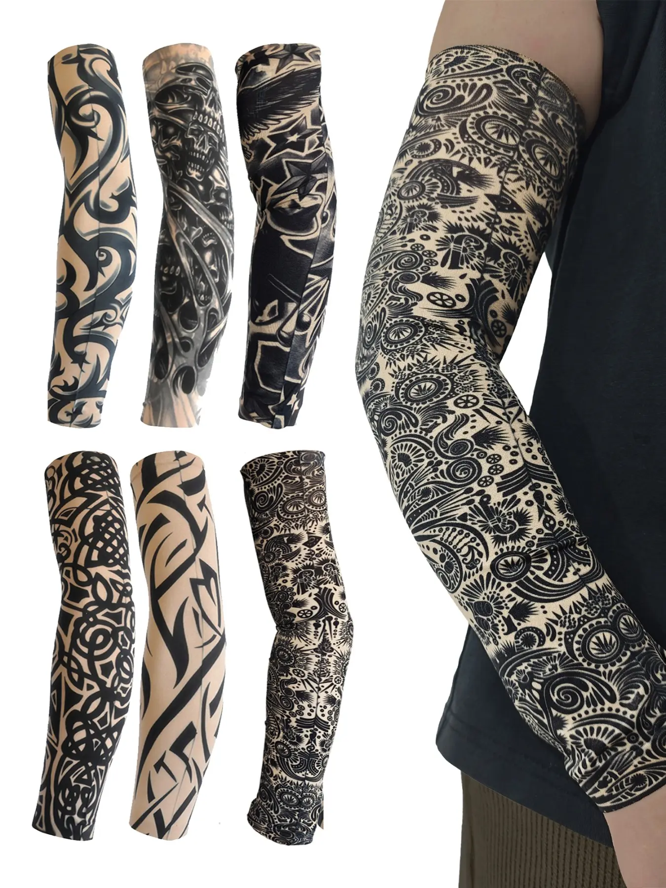 6 Pcs Tattoo Ice Sleeves Set, Floral Arm Tattoo Design, Tattoo Pattern Sleeve, Seamless Breathable Sun Protection, Essential for Outdoor Cycling, Cooling Protective Sleeves, Arm Cooling Cover, Sports Sleeve