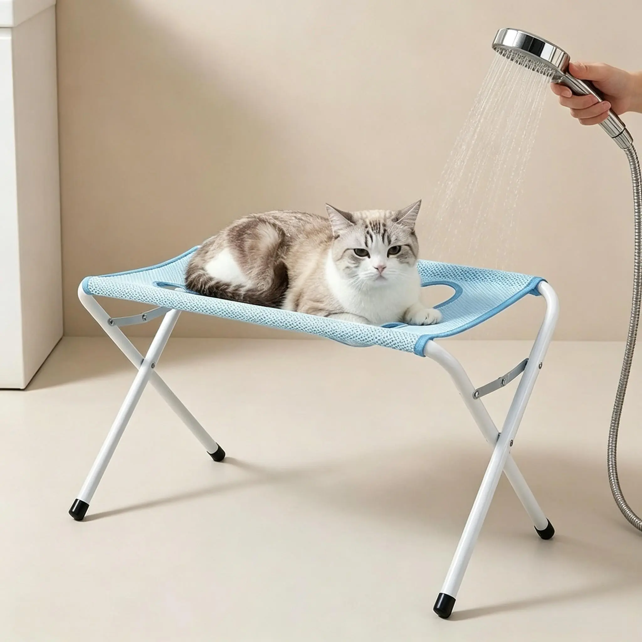 Foldable Pet Grooming Bath Hammock, 8-Hole Breathable Mesh Reinforced Frame, for Small & Medium Cats & Dogs, Grooming Helper for Bathing, Hair Trimming & Nail Clipping, Prevent Pets Struggling & Scratching