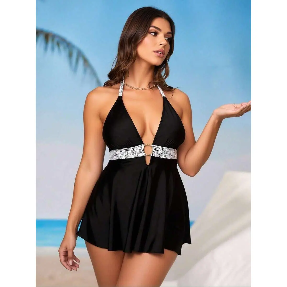 2026 New Black Halter Tankini, Lace Waist Belt Metal Ring Decor Modest Slimming Swimwear