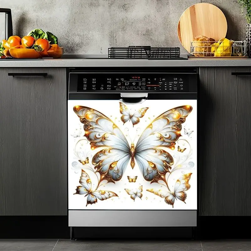 2D Flat 2Pcs Dishwasher Cover Sticker Elegant Gold White Butterfly Pattern Magnetic Decal Kitchen Appliance Decoration Modern Home Decor Waterproof Self-adhesive Front Panel Door Refrigerator Art Removable Machine Wrap