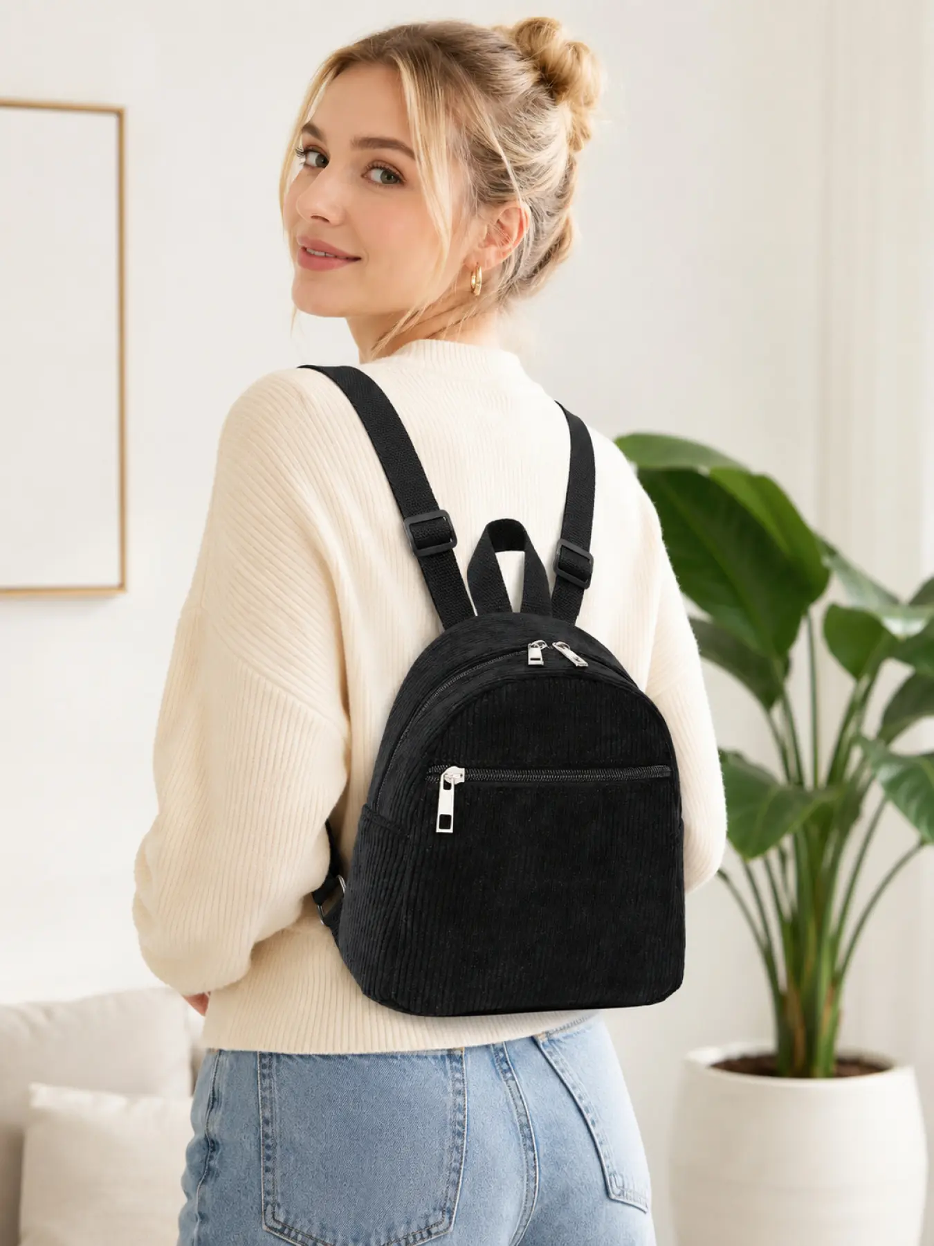 Soft Black Corduroy Mini Backpack for Women, Trendy Backpack, backpacks women, viral casual backpack with adjustable straps, silver tone zippers and front pocket for phone wallet keys makeup, birthday Christmas gift for her, date night accessory